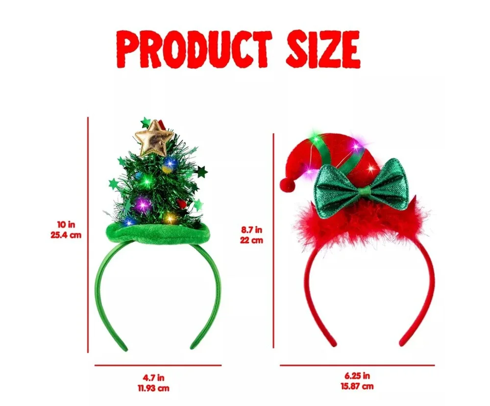 2 Pack Christmas LED Light Up Headbands Tree Elf Hat Holiday Party Costume